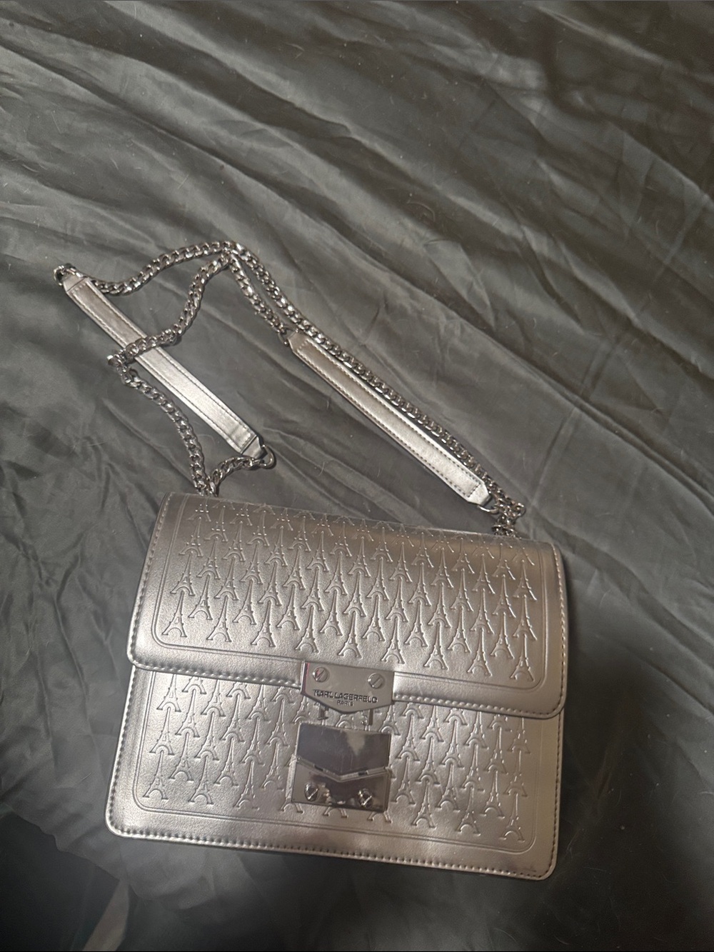 Karl Lagerfeld Metallic Silver Quilted Chain Shoulder Bag